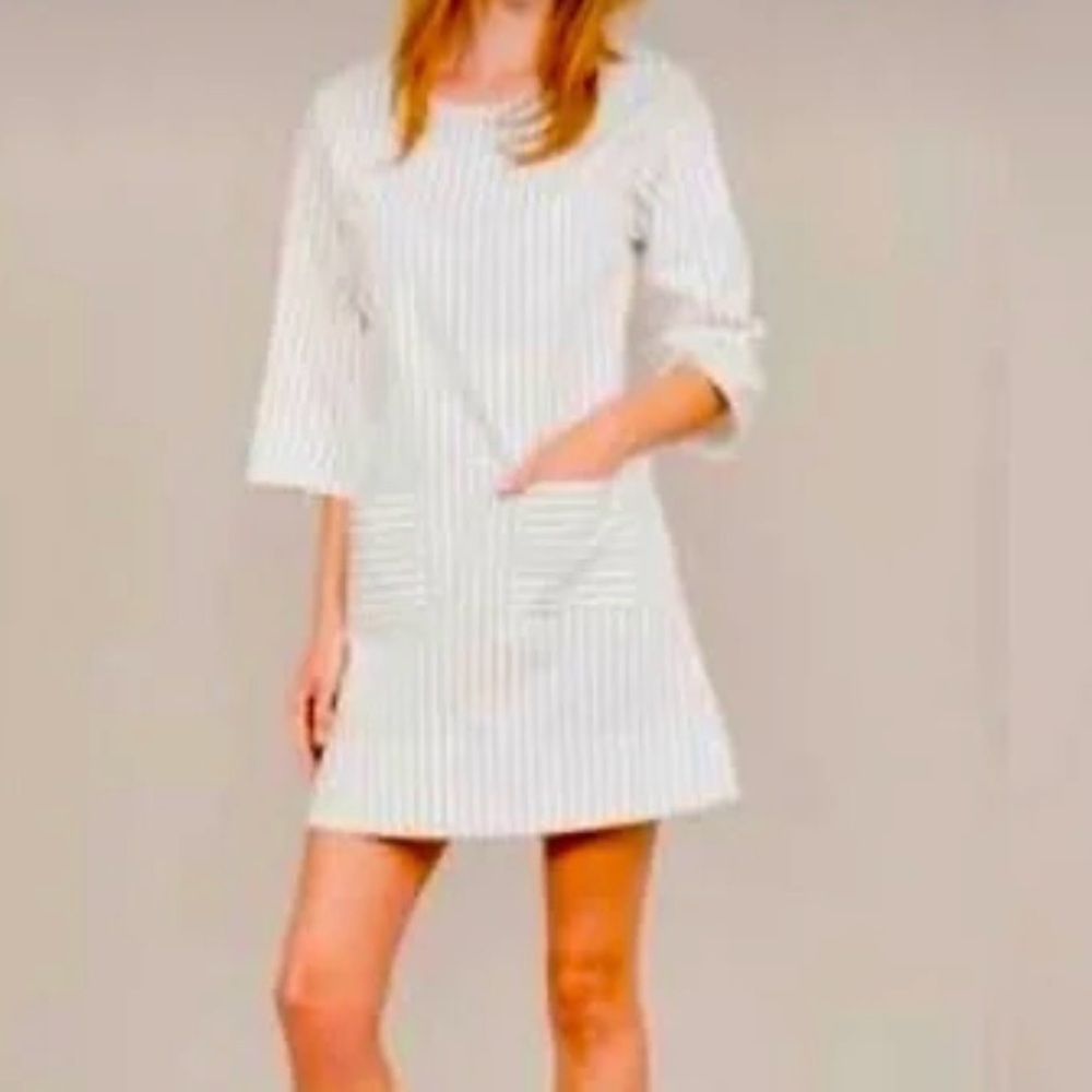 August Morgan Dress Size XL White A-Line Cotton Striped Round Neck Mini Short